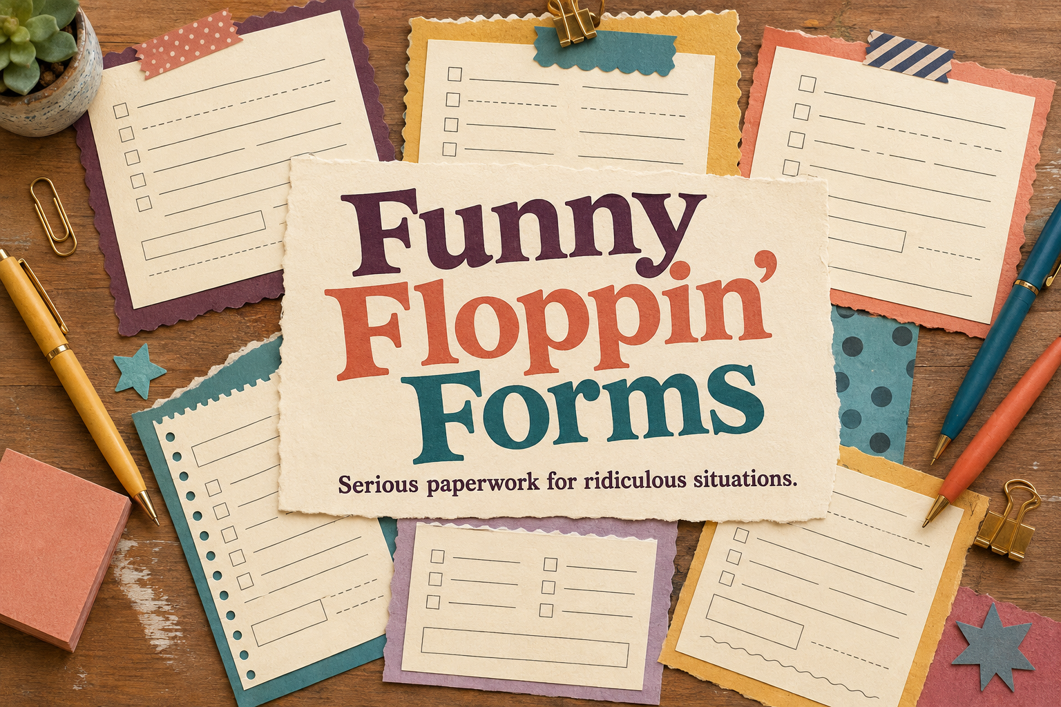 A playful collage of Funny Floppin' Forms printable applications